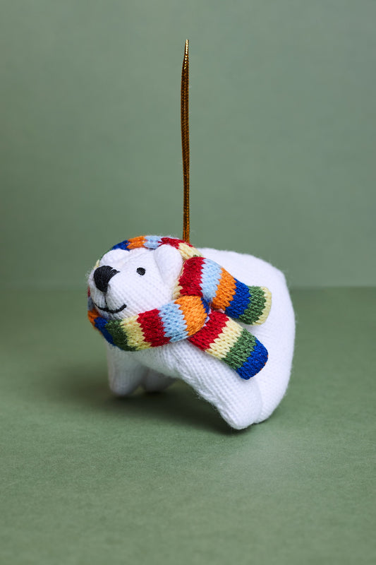 Knitted Polar Bear with Scarf Ornament