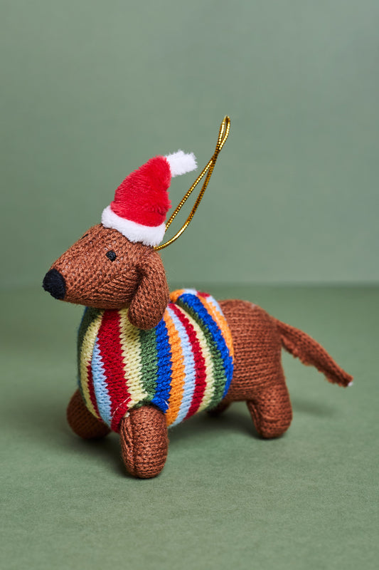 Knitted Dachshund in Multi Jumper Ornament