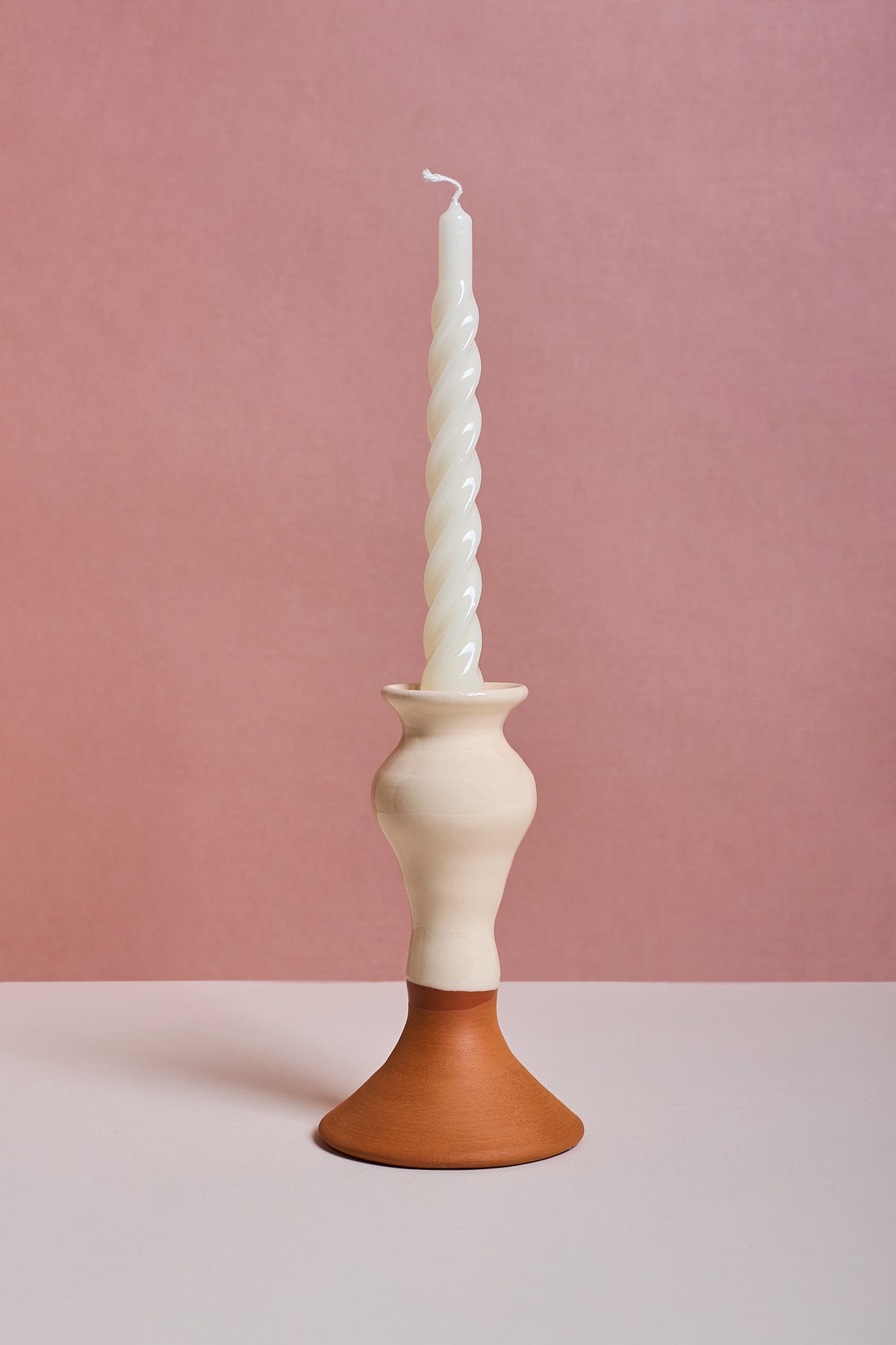 Glossy White & Terracotta Ceramic Candle Holder