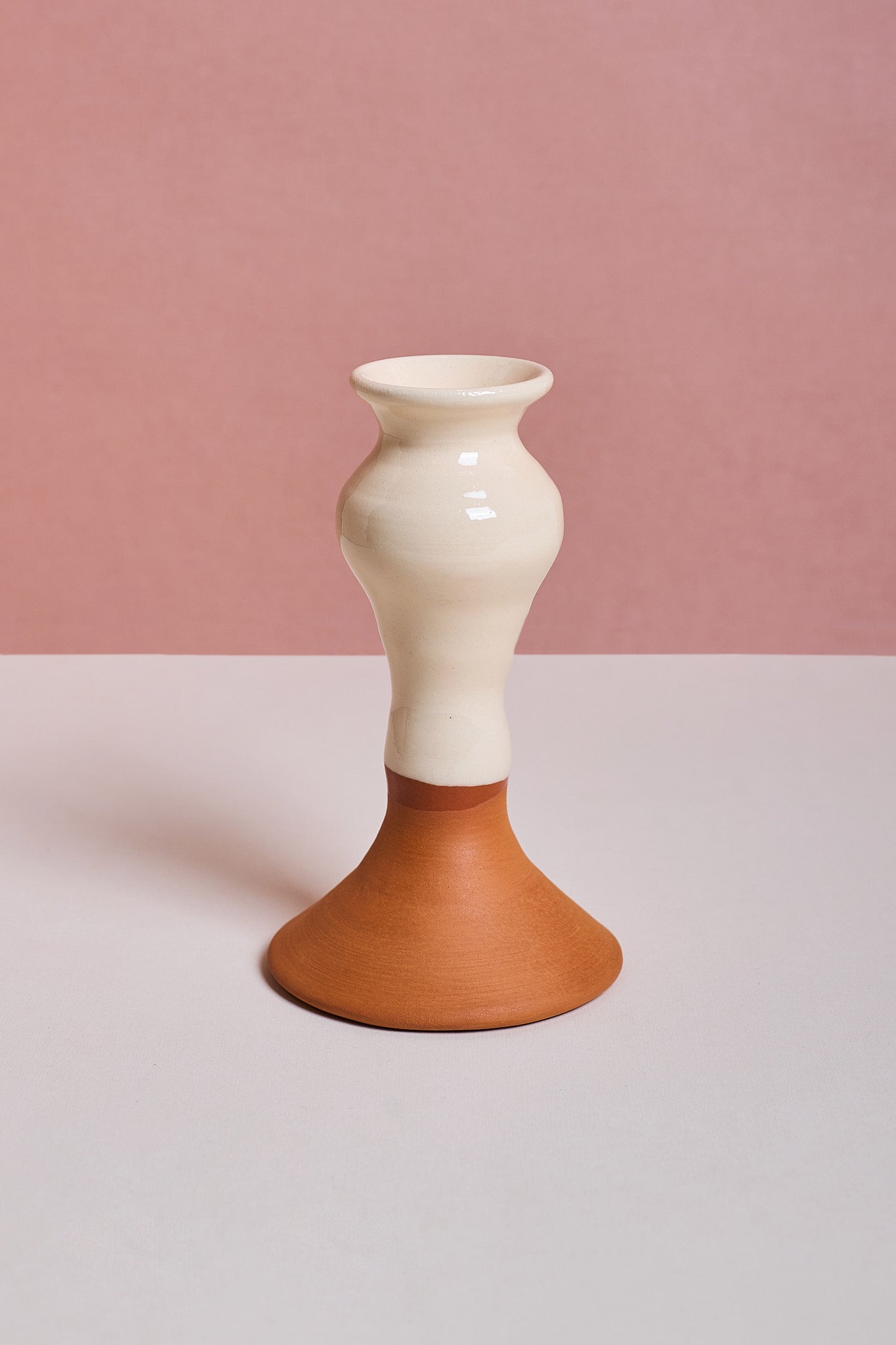 Glossy White & Terracotta Ceramic Candle Holder