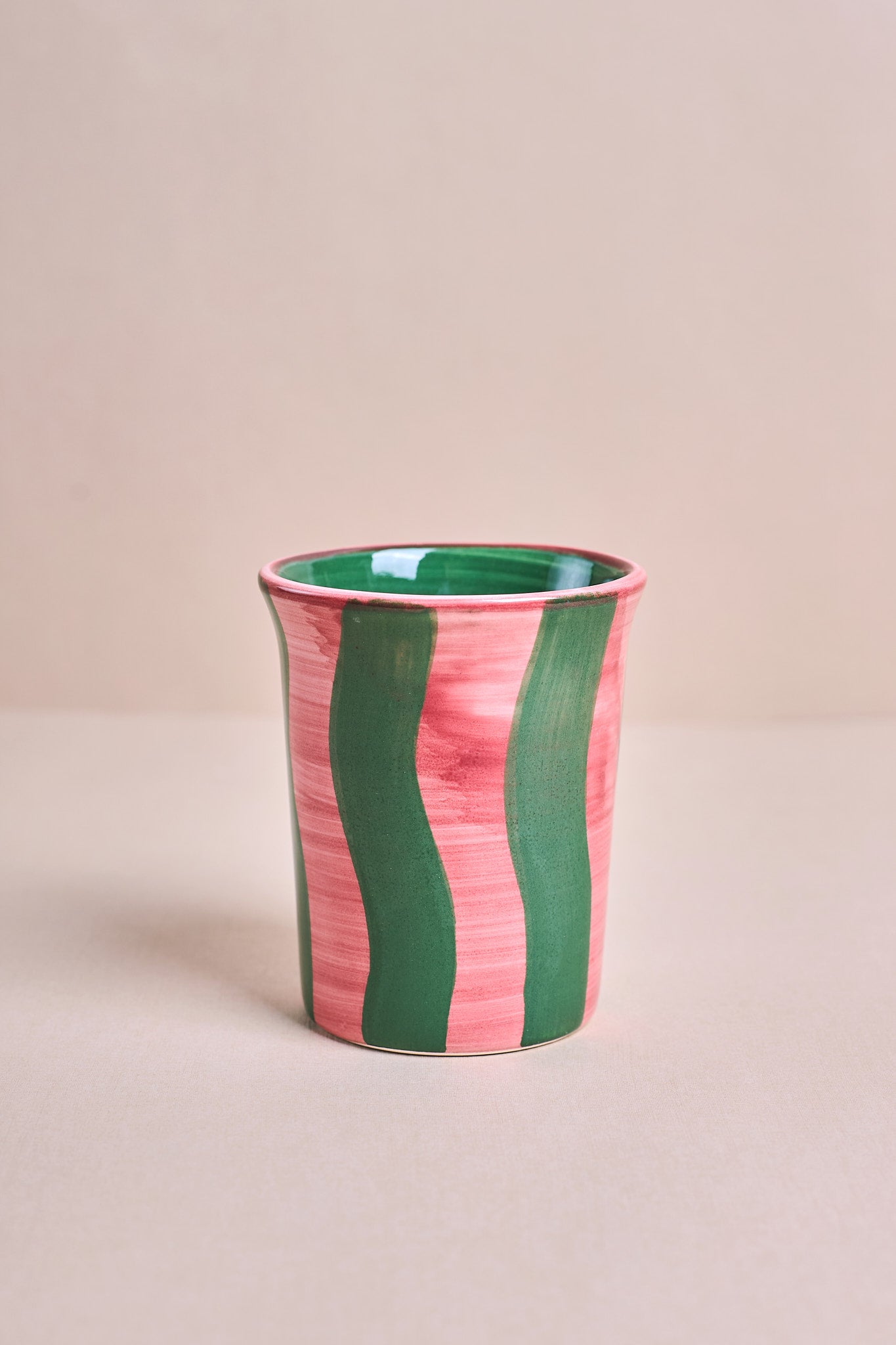 Ceramic Breakfast Cup - Pink and Green Stripes