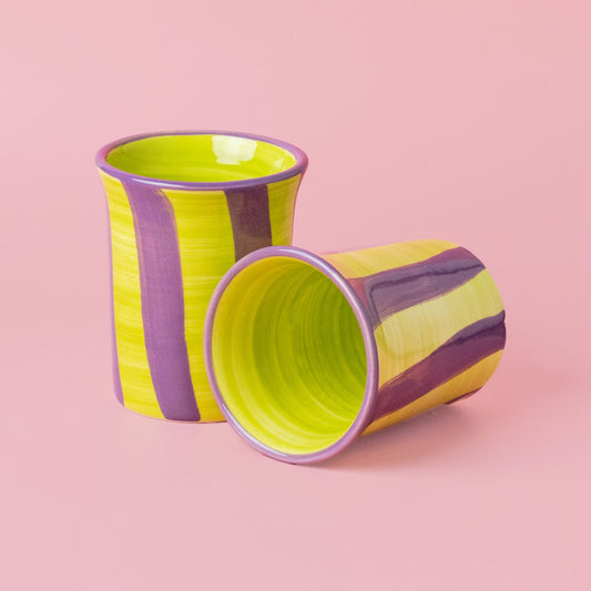 Ceramic Breakfast Cup - Lime and Purple Stripes