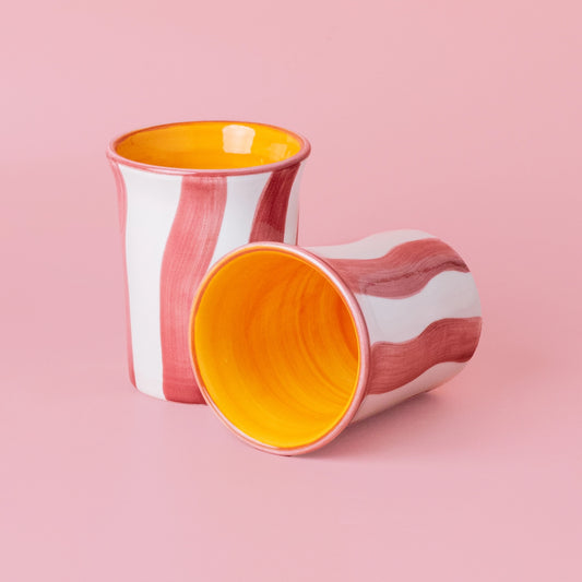 Ceramic Breakfast Cup - White and Pink Stripes