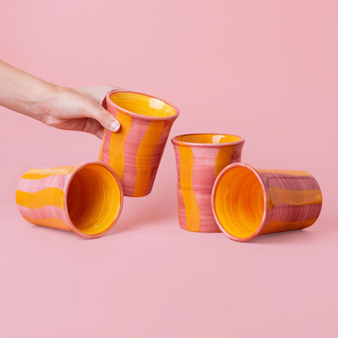 Ceramic Breakfast Cup - Pink and Yellow Stripes